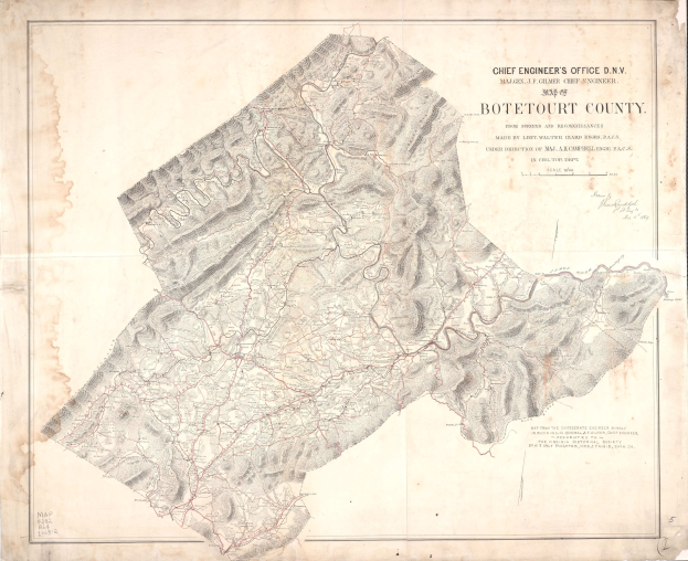 Detailed old map of Botetourt County, Virginia, showing roads, highways, and geographical features with accompanying text about population and location.