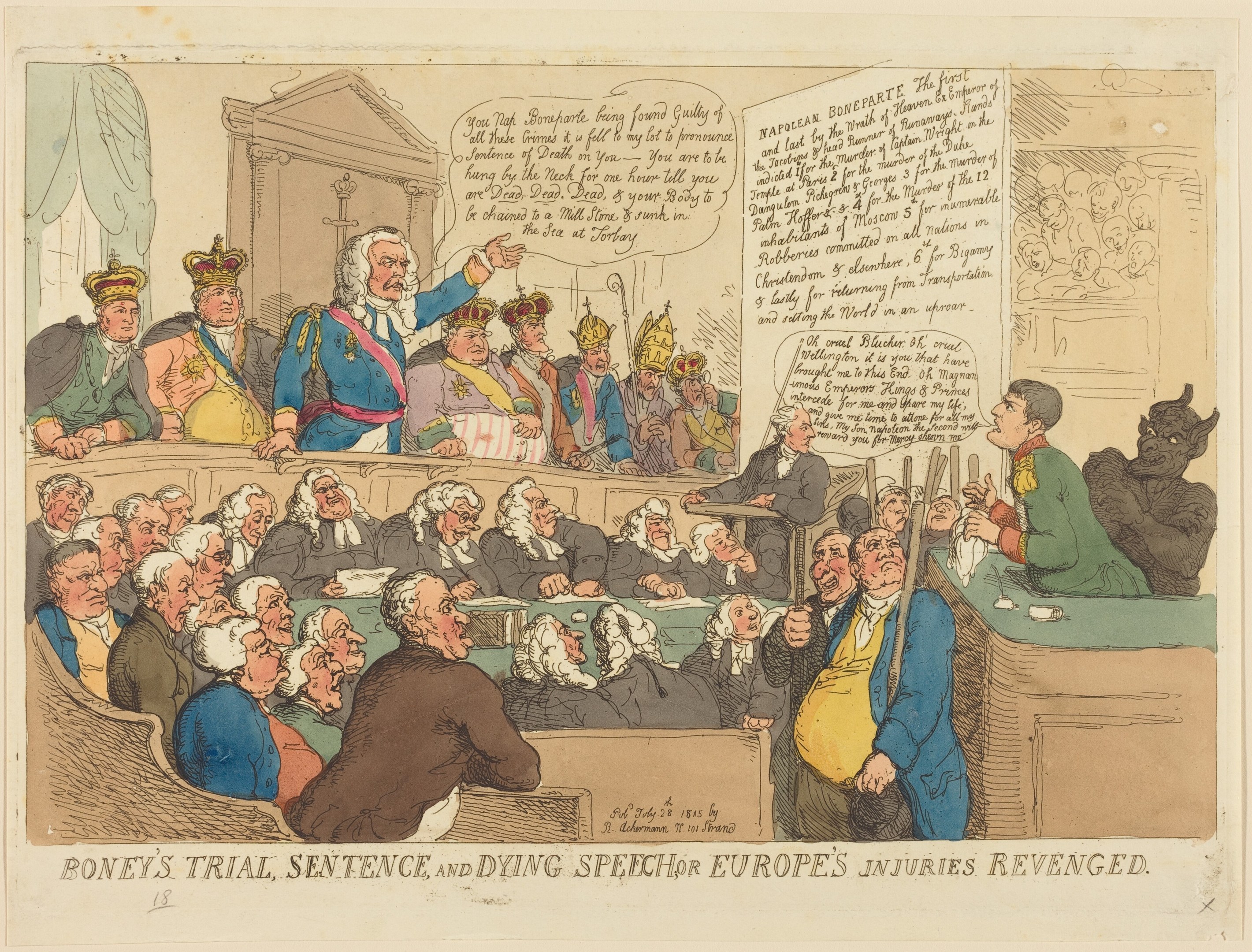 Cartoon-Illustration einer Gerichtsszene mit einer zentralen stehenden Figur, sitzenden Beobachtern, einem Tisch mit Gegenständen rechts und dem Text "Boney's Trial, Sentence, and Dying Speech Europe's Injuries Revenged" unten.