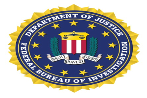 Logo des Federal Bureau of Investigation: ein blauer Kreis mit einem weißen Stern, umgeben von einem weißen Banner mit der Aufschrift 'Federal Bureau of Investigations' in weißer Schrift auf einem marineblauen Hintergrund.