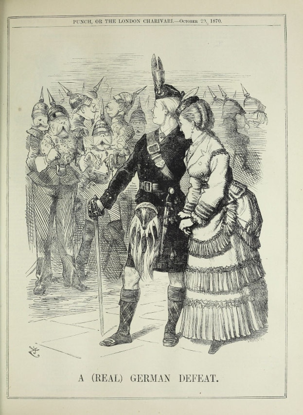 Ein Mann und eine Frau stehen vor einer Menge, der Mann hält einen Stock in der Hand, auf einem Papier mit Wörtern und Zahlen, die eine deutsche Niederlage anzeigen.