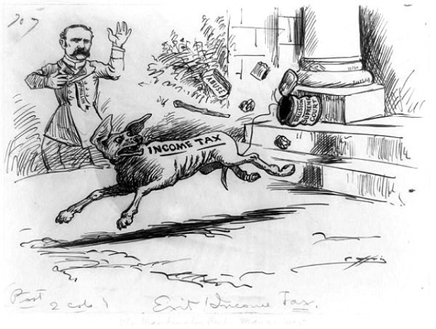 Zeichnung eines Mannes, der vor einem Hund wegrennt, der mit dem Text 'Einkommensteuer' beschriftet ist, mit verstreuten Gegenständen im Hintergrund.