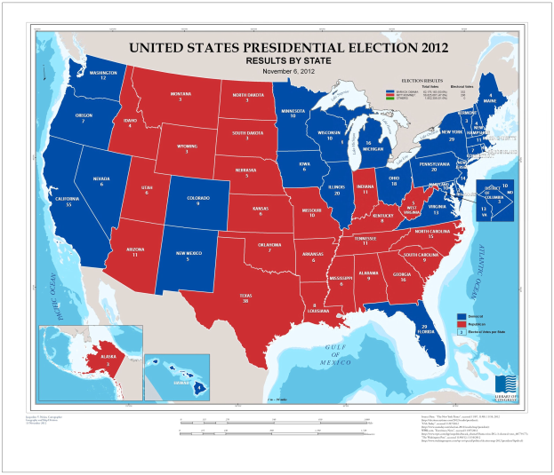 Ein Plakat einer Karte der USA mit den Ergebnissen der Präsidentschaftswahl 2012, farblich unterteilt nach Bundesstaaten und mit Text zu den Ergebnissen.
