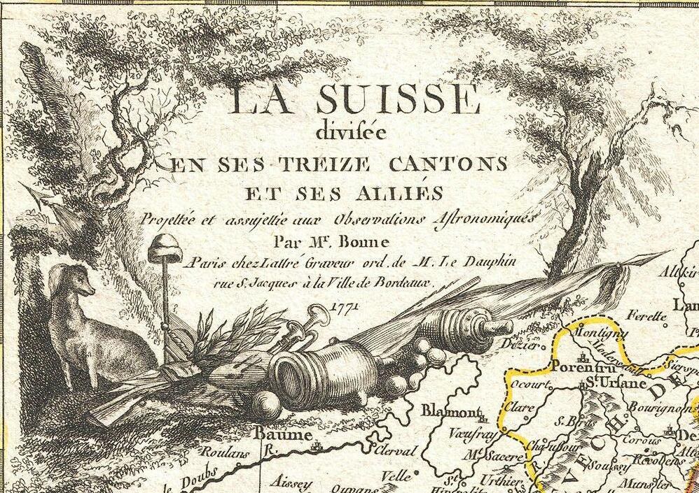 Plakat mit einer Landkarte der Schweiz, einschließlich Bäumen, Tieren und anderen Gegenständen, begleitet von Text.