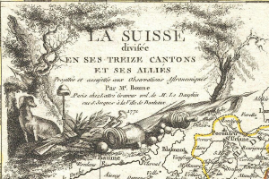 Plakat mit einer Landkarte der Schweiz, einschließlich Bäumen, Tieren und anderen Gegenständen, begleitet von Text.