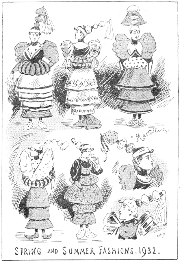 Ein Blatt mit einer Modeillustration von 1932, das Frauen in Frühjahrs- und Sommerkleidern zeigt, zusammen mit beschreibendem Text.