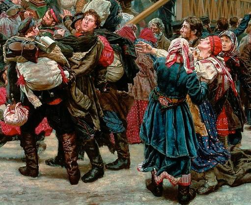 Painting of people in traditional Russian clothing dancing in front of a crowd, with some holding objects, set against a wooden house backdrop during a lively, festive scene from the Russian Revolution.