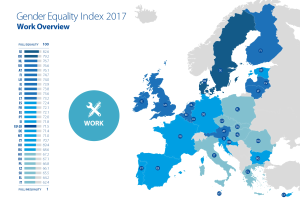 Eine Europakarte, die den Gender-Equality-Index 2017 anzeigt, mit Regionen in verschiedenen Farben nach dem Geschlechtergleichheitsniveau und erklärendem Text auf der linken Seite.