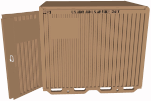 A brown shipping container with "US Army" written on it against a white background.