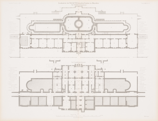Black and white architectural floor plan of the Neubauhaus building in Munich, Germany, with detailed room layouts and accompanying text.