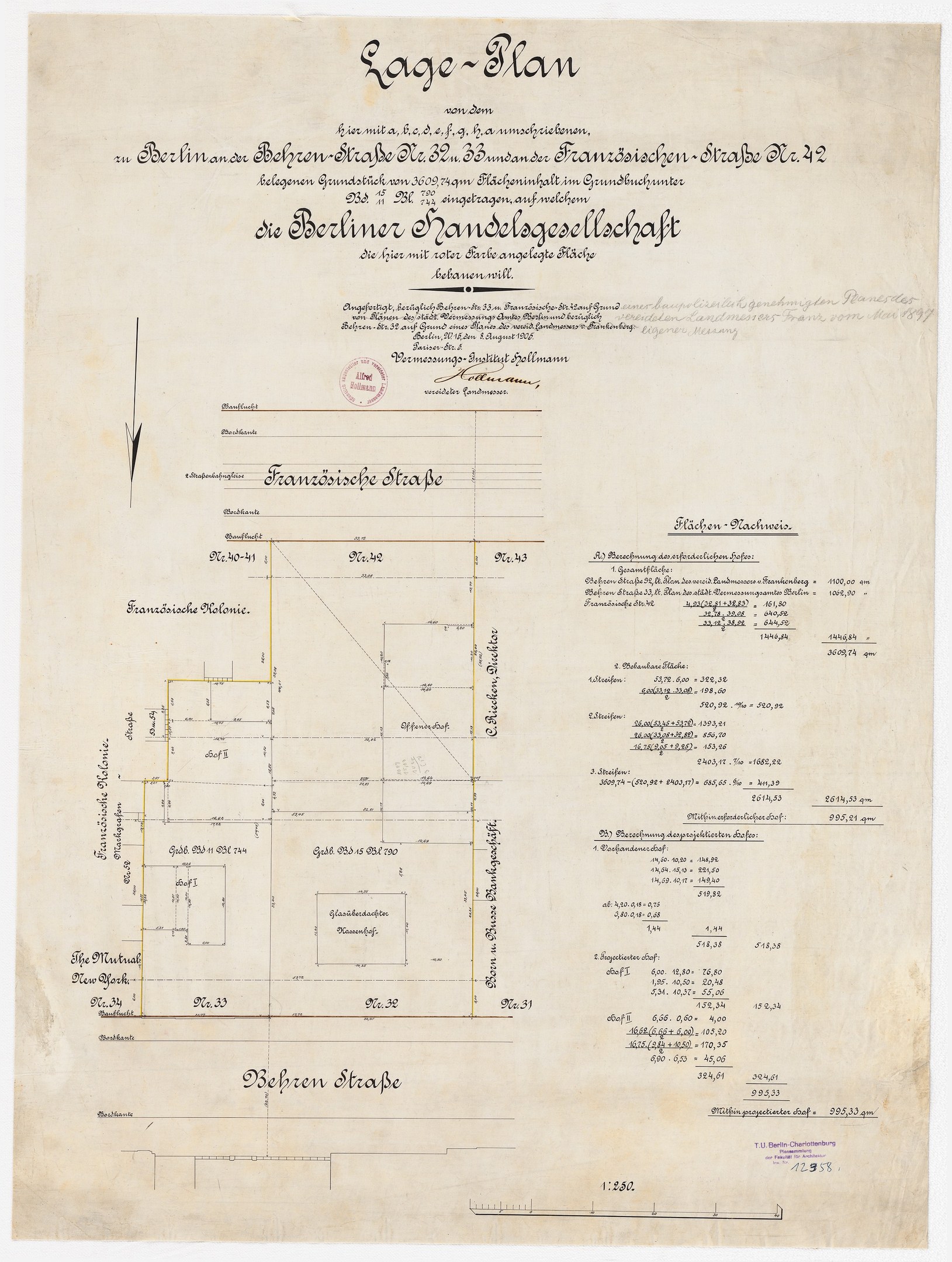 Black-and-white architectural plan of the Berliner Handelagellachaft building on aged paper with printed text and a left-side stamp.