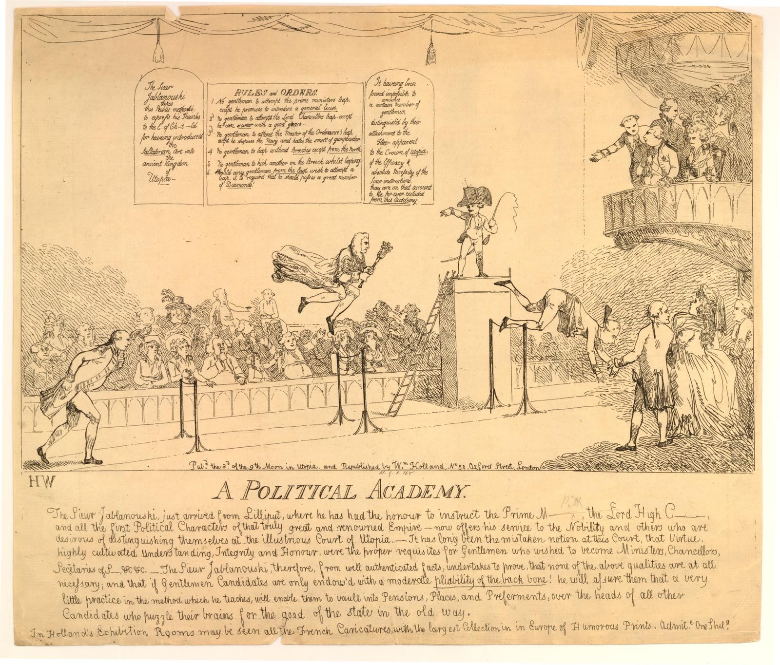 A political academy poster featuring a man in a suit and hat speaking into a microphone on a stage, with a cheering crowd in the background.