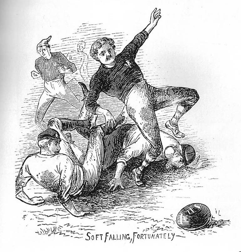 Black and white drawing of a man kicking a ball on a field with others in the background, text at bottom reads "1905 - soft falling, fortunately".