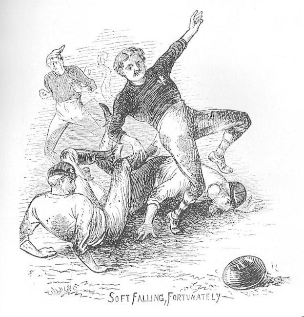 Black and white drawing of a man kicking a ball on a field with others in the background, text at bottom reads "1905 - soft falling, fortunately".