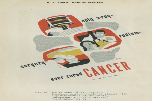 Ein Plakat mit einem Mann in Anzug, weißem Kittel und Stethoskop, mit entschlossener Miene, vor einem hellrosa Hintergrund mit der Schrift 'Operationen Haben Krebs Nie Geheilt' in fetter weißer Schrift.