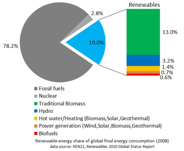 Tortendiagramm, das den globalen erneuerbaren Energieverbrauch im Jahr 2008 zeigt, mit Abschnitten für fossile Brennstoffe, Kernenergie, Wasserkraft, Warmwasser, Heizung, Biomasse, Solarenergie, Geothermie und Biokraftstoffe.