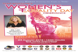 Plakat für die Feier des Women's Equality Day von Team Redstone mit einer Frau, die eine Fahne mit dem Text "Women's Equality" hält, sowie Logos und Veranstaltungseinzelheiten unten.