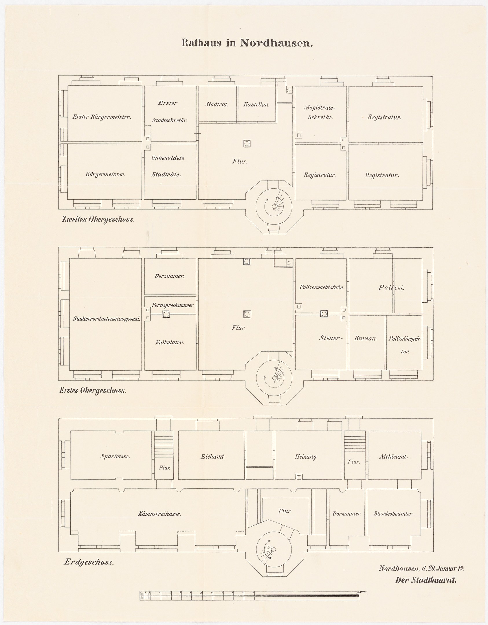 Detailed floor plan of Rathaus in Nordhausen, Germany, showing rooms, hallways, and other building features with accompanying text.
