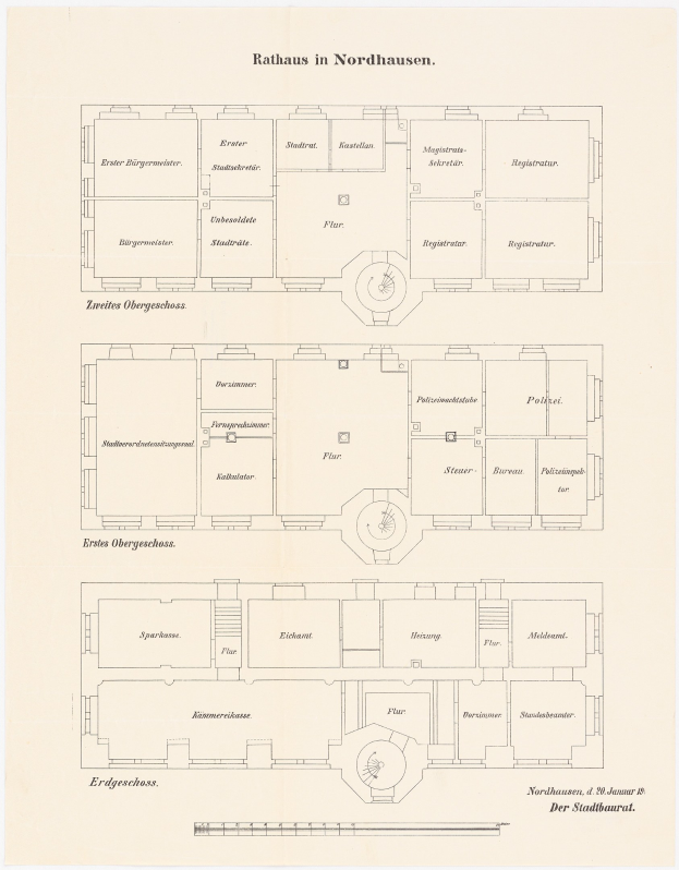 Detailed floor plan of Rathaus in Nordhausen, Germany, showing rooms, hallways, and other building features with accompanying text.
