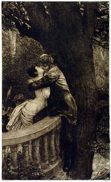 Black and white image of a man and woman embracing and kissing on a bridge with a tree in the background and text at the bottom.