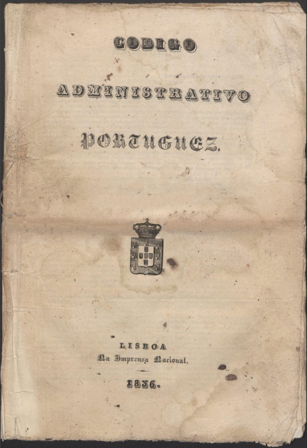 Old book titled "Codigo Administrativo Portuguesa 1836" on a black background with a logo.