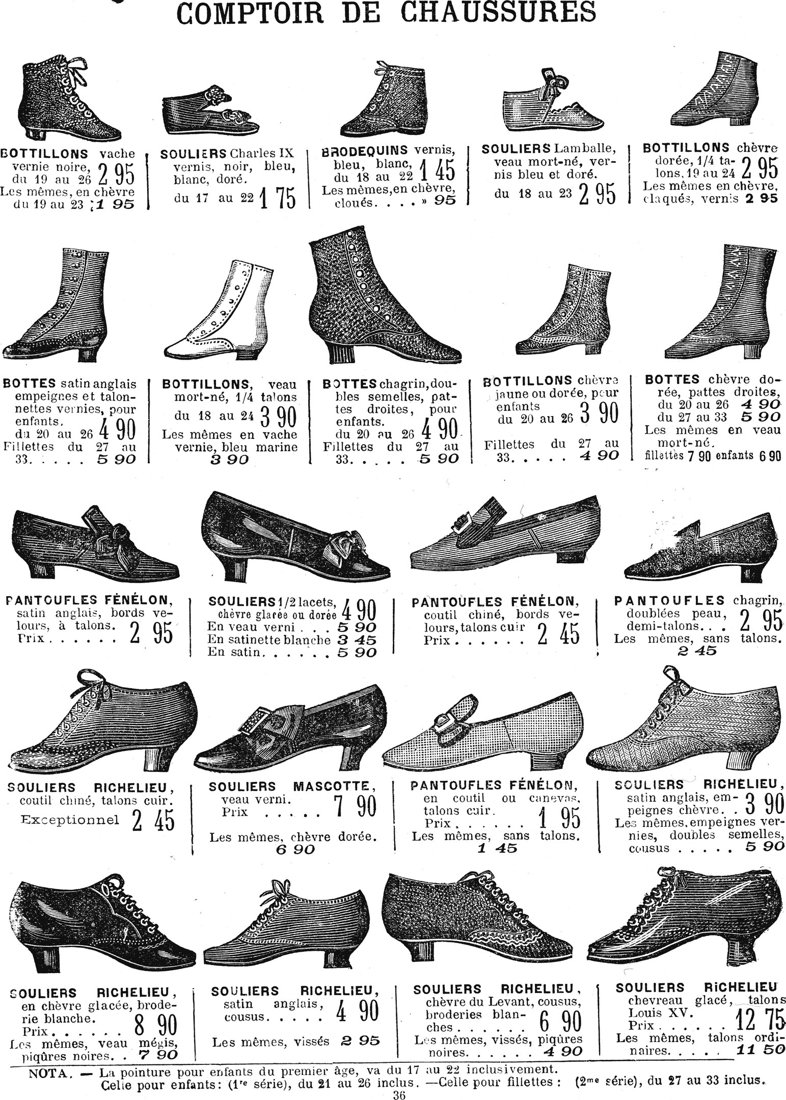 Eine Buchseite mit verschiedenen Damenschuhen mit einzigartigen Designs, ordentlich angeordnet mit sichtbaren Preisschildern und Details zu Größe, Form und Farbe.