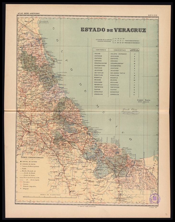 Alte schwarze Kartenskizze von Veracruz, Mexiko, zeigt Flüsse, Berge und Städte.