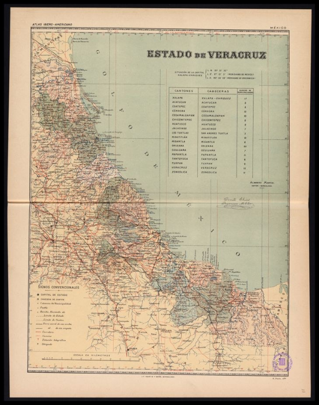 Alte schwarze Kartenskizze von Veracruz, Mexiko, zeigt Flüsse, Berge und Städte.