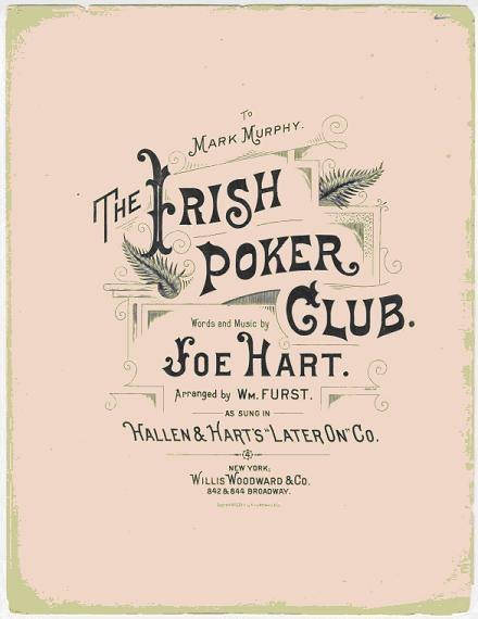 Plakat mit "The Irish Poker Club" in fetter schwarzer Schrift auf einem weißen Hintergrund, eingerahmt von einem schmalen schwarzen Rand, mit einer bunten Kleeblatt-Illustration.