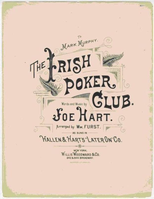 Plakat mit "The Irish Poker Club" in fetter schwarzer Schrift auf einem weißen Hintergrund, eingerahmt von einem schmalen schwarzen Rand, mit einer bunten Kleeblatt-Illustration.