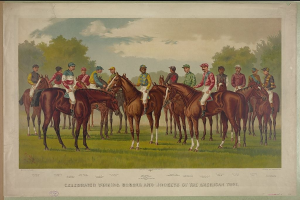 Eine Gruppe von Menschen auf Pferden auf einer grünen Wiese mit Bäumen und einem blauen Himmel, mit Text unten: "Feier der siegreichen Pferde und Jockeys des American Turf".