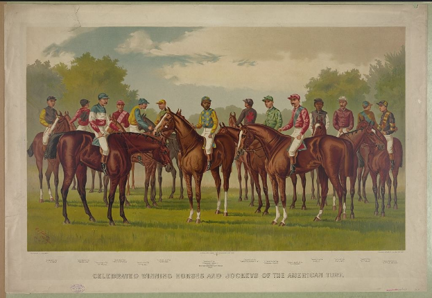 Eine Gruppe von Menschen auf Pferden auf einer grünen Wiese mit Bäumen und einem blauen Himmel, mit Text unten: "Feier der siegreichen Pferde und Jockeys des American Turf".