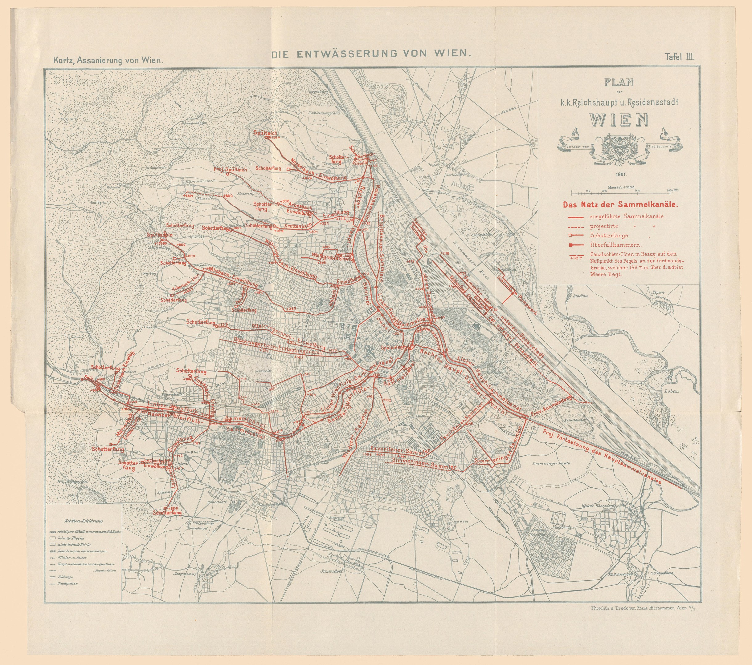 Old map of Wien, Germany, with red lines marking a train route, printed on aged paper with faint text.