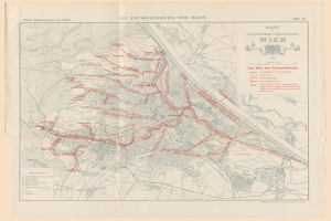 Old map of Wien, Germany, with red lines marking a train route, printed on aged paper with faint text.