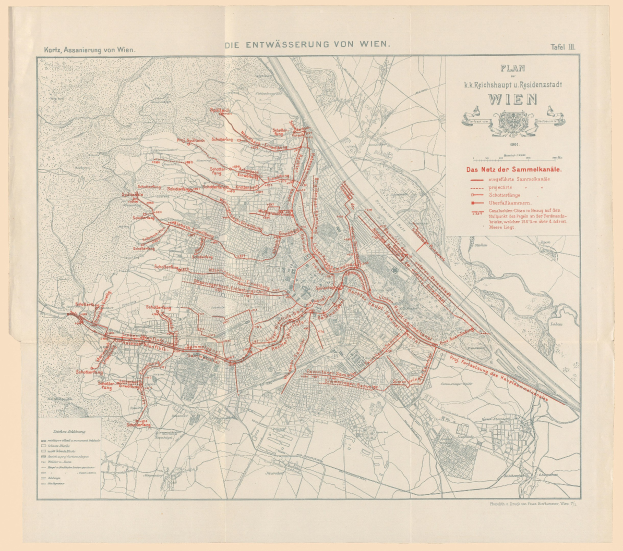 Old map of Wien, Germany, with red lines marking a train route, printed on aged paper with faint text.