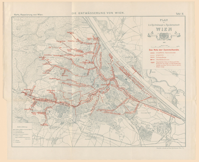Old map of Wien, Germany, with red lines marking a train route, printed on aged paper with faint text.