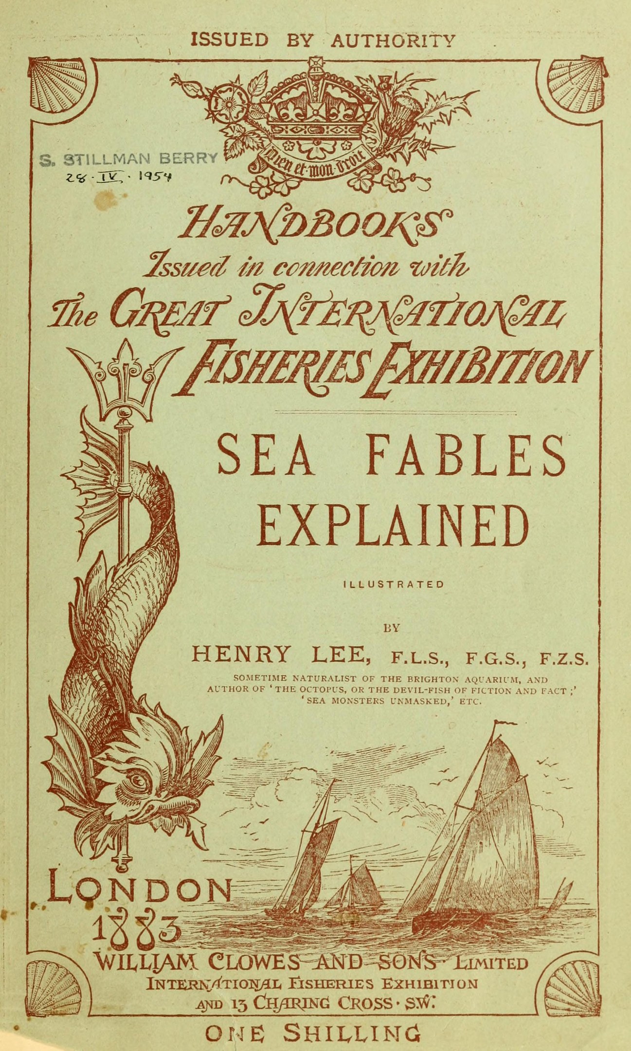 Old book with a fish illustration, text, and boat images, likely a handbook on sea fables.