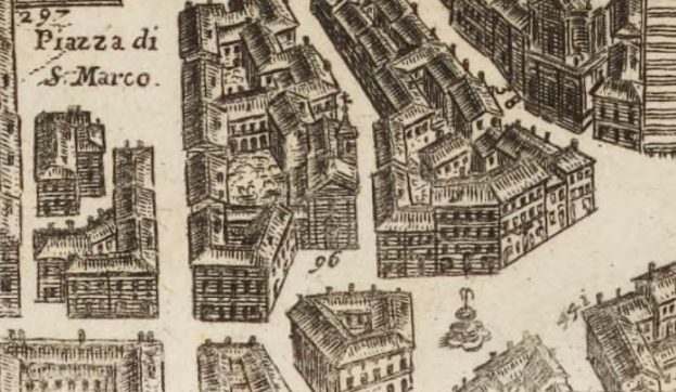 Eine handgezeichnete Stadtansicht mit verschiedenen Architekturgebäuden auf Papier mit zusätzlichen schriftlichen Details.