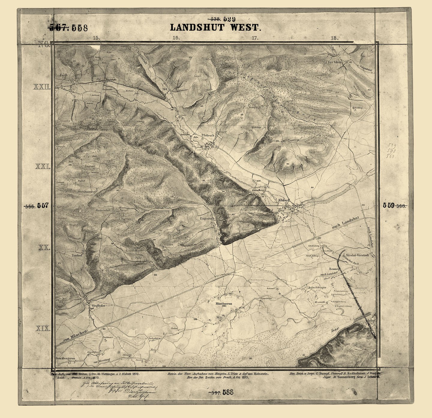 Old topographic map of the Landshut West area with elevation contours, bodies of water, and land features, including text at the top and bottom.