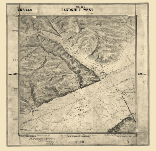 Old topographic map of the Landshut West area with elevation contours, bodies of water, and land features, including text at the top and bottom.