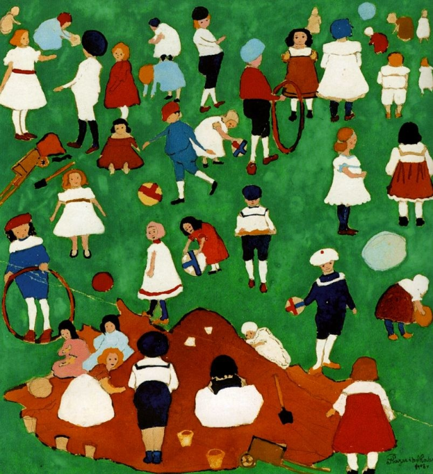 Malerei von Kindern, die auf einem Feld spielen und verschiedene Gegenstände wie Bälle und Schaufeln halten, mit einem Wasserzeichen auf der rechten Seite.