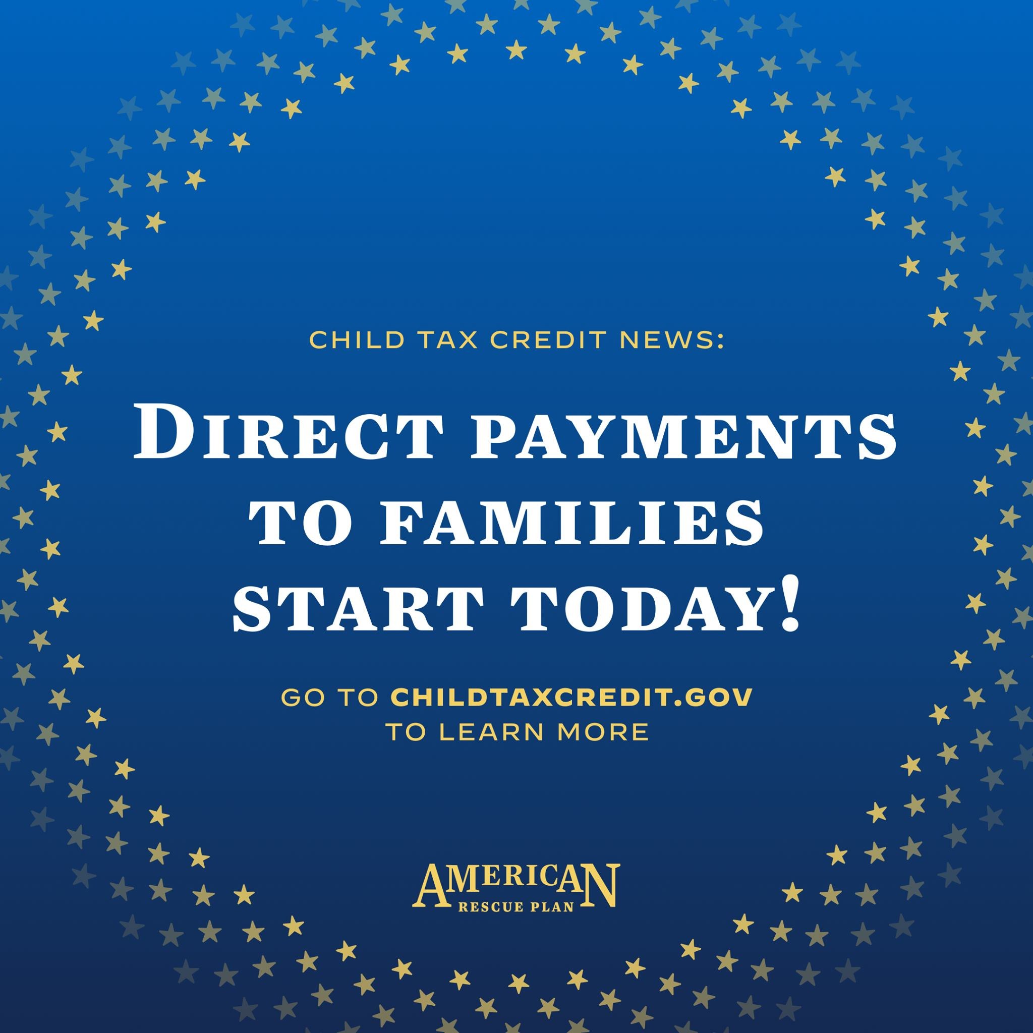 Plakat mit dem Text "Direkte Zahlungen an Familien beginnen jetzt" umgeben von einem Sternen-Design.