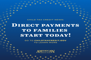 Plakat mit dem Text "Direkte Zahlungen an Familien beginnen jetzt" umgeben von einem Sternen-Design.