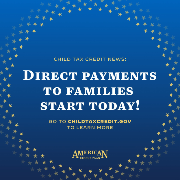 Plakat mit dem Text "Direkte Zahlungen an Familien beginnen jetzt" umgeben von einem Sternen-Design.