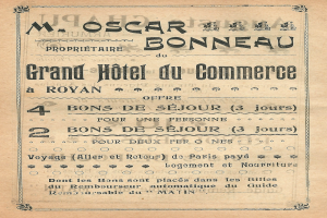 Schwarze und weiße Anzeige für das Grand Hotel du Commerce in Paris mit Text, der die Hoteldienste beschreibt.