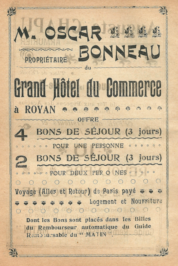 Schwarze und weiße Anzeige für das Grand Hotel du Commerce in Paris mit Text, der die Hoteldienste beschreibt.