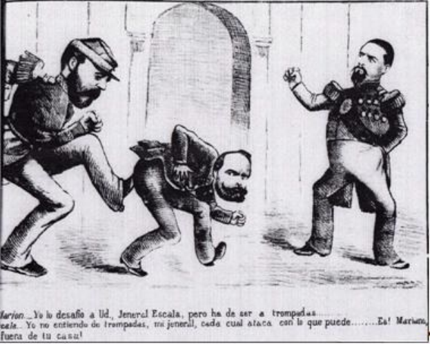 Cartoon-Illustration eines Mannes in einem Anzug, der von zwei ernst dreinblickenden Männern in Anzügen durch die Gegend gezerrt wird, mit einer leeren Wand im Hintergrund und fetter Schrift, die unten 'Cartel de Español' lautet.