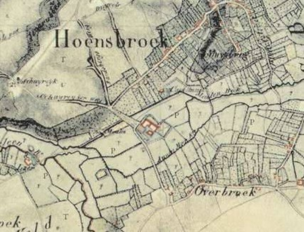 Detailed old map of Hoensbroek, Netherlands, displaying streets, buildings, and landmarks with text annotations.