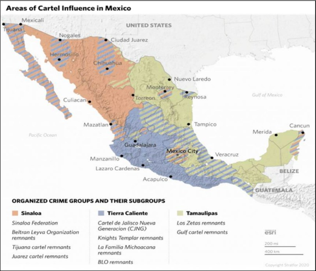 Ein Plakat mit einer farbcodierten Karte von Mexiko, die die Einflussgebiete der Kartelle zeigt, begleitet von erklärendem Text.