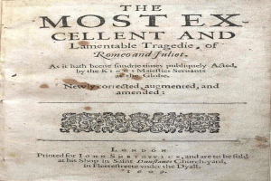 Altes Buch Mit Dem Titel 'The Most Ex-Cellent And Lamentable Tragedy Of Romeo And Juliet' Geöffnet Auf Einer Seite Mit Text Und Einem Design.