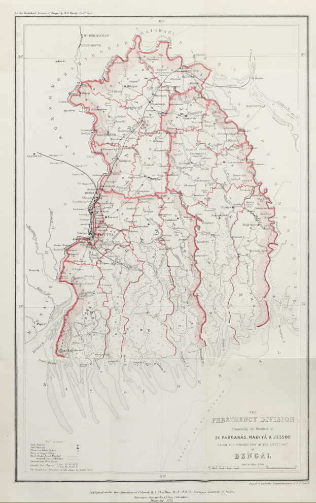 Old map of Kerala, India, outlined with borders, displaying roads, rivers, and geographical features in blue, green, and yellow hues.
